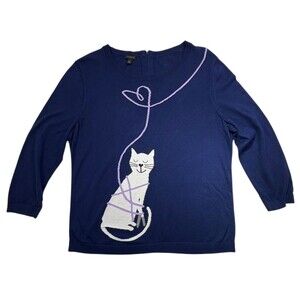 Talbots Whimsical Cat Yarn Lightweight Sweater Heart Love Cute Novelty Blue L